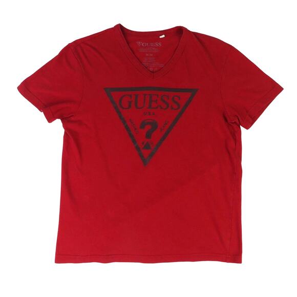 GUESS Red Logo V-Neck T-Shirt Men's Medium Graphic Tee Casual - Picture 2 of 6